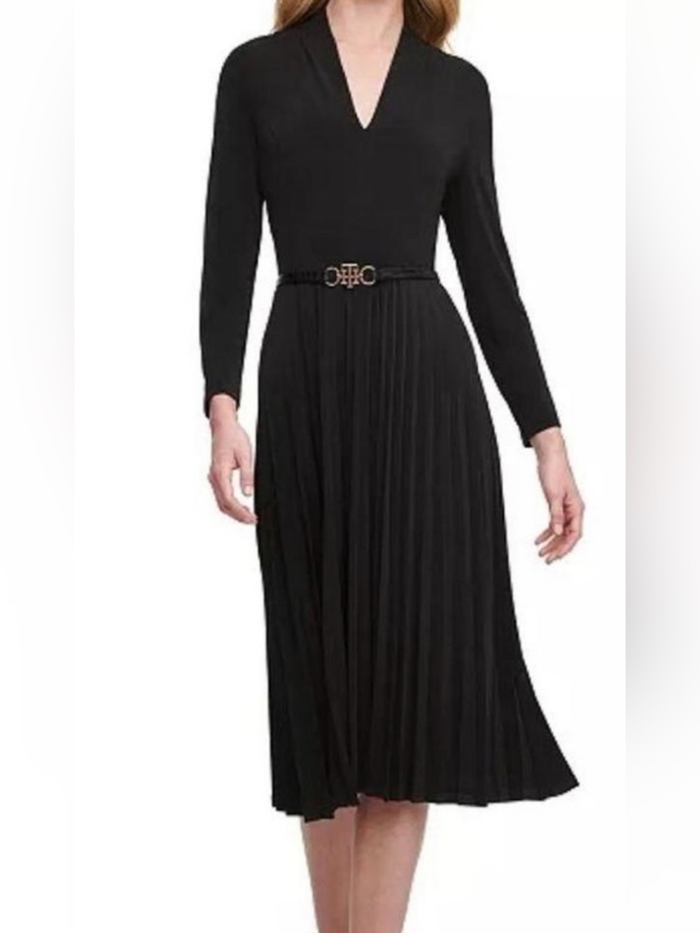 Tommy Hilfiger Black V-Neck Long Sleeve Pleated Midi Dress
